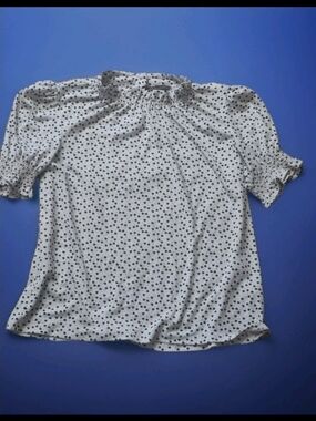 Adrianna Papell Heart Print Smocked Collared Blouse White Black 3/4 M
